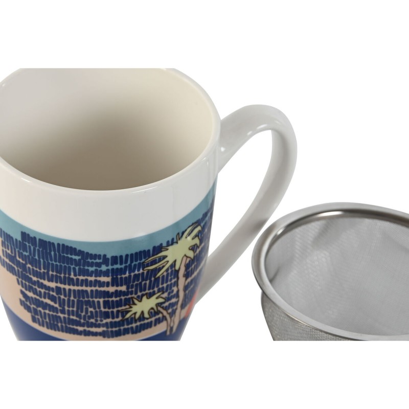 Cup with Tea Filter Home ESPRIT Blue Green Stainless steel Porcelain Tropical 380 ml (3 Units)