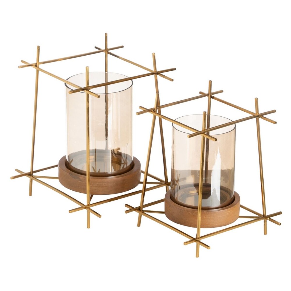 Candleholder Brown Golden Wood Crystal Steel 20 x 20 x 23 cm