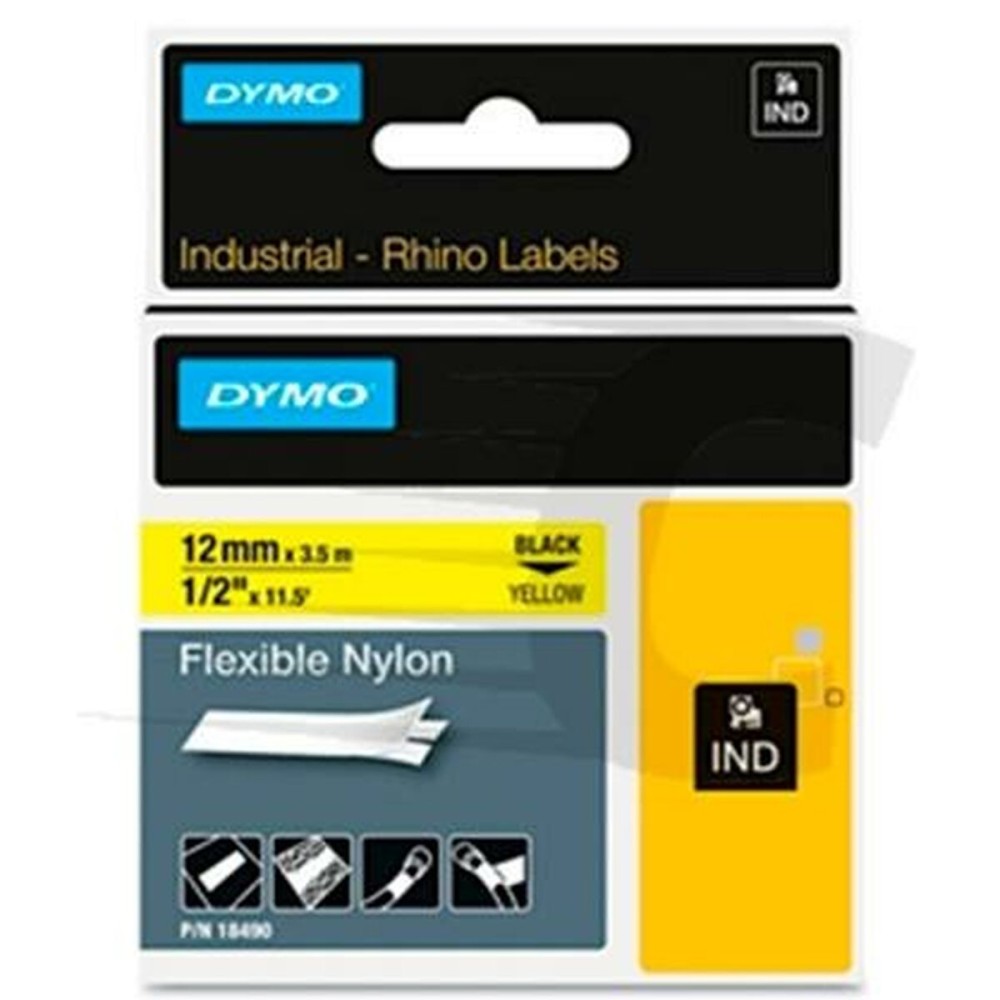 Ruban Laminé pour Etiqueteuses Rhino Dymo ID1-12 Jaune Noir 12 x 3,5 mm Autocollants (5 Unités)