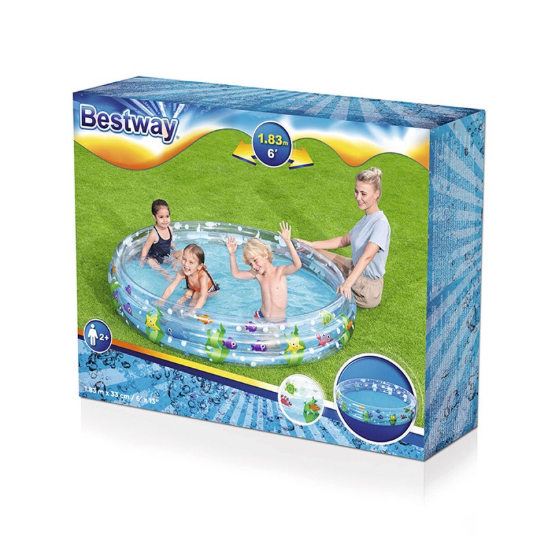 Bestway Piscine Gonflable Enfants 3 anneaux Transparente Vie Marine 183x33 cm +2 Ans Jardin 51005