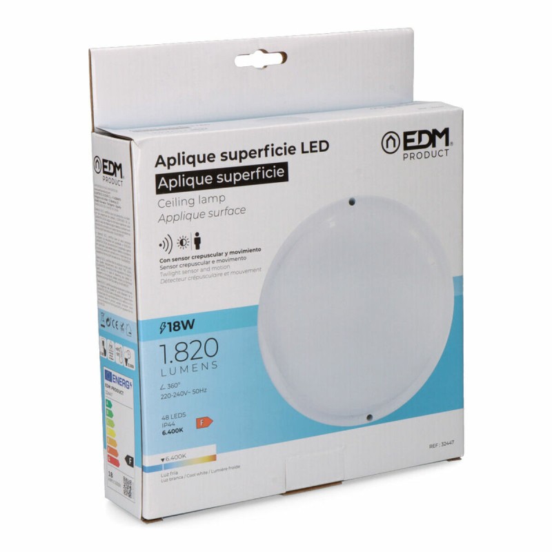 Wandleuchte EDM 32447 Weiß Kunststoff F 18 W 120 W 1820 Lm Bewegungsmelder Lichtsensor rund (6400 K)