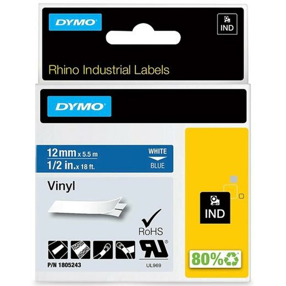 Laminiertes Klebeband zur Kennzeichnung von Maschinen Rhino Dymo ID1-12 Blau Weiß 12 x 5,5 mm Selbstklebend Vinyl (5 Stück)