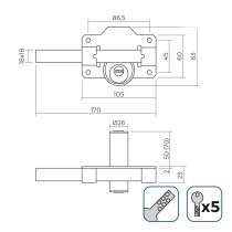 Sicherheitsschloss EDM 85192 Schwarz Nickel 83 x 170 mm Ø26 mm