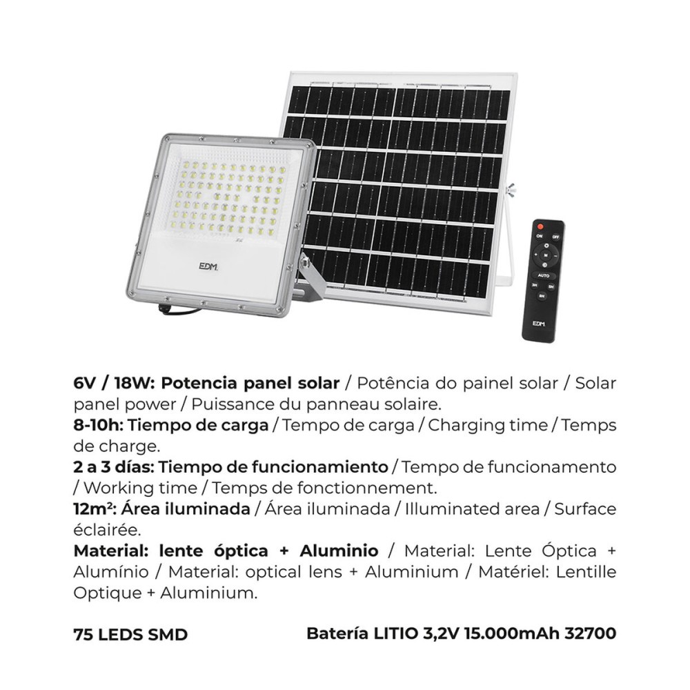 Projecteur EDM 31855 200 W 1500 lm Télécommande Panneau solaire photovoltaïque (6500 K)