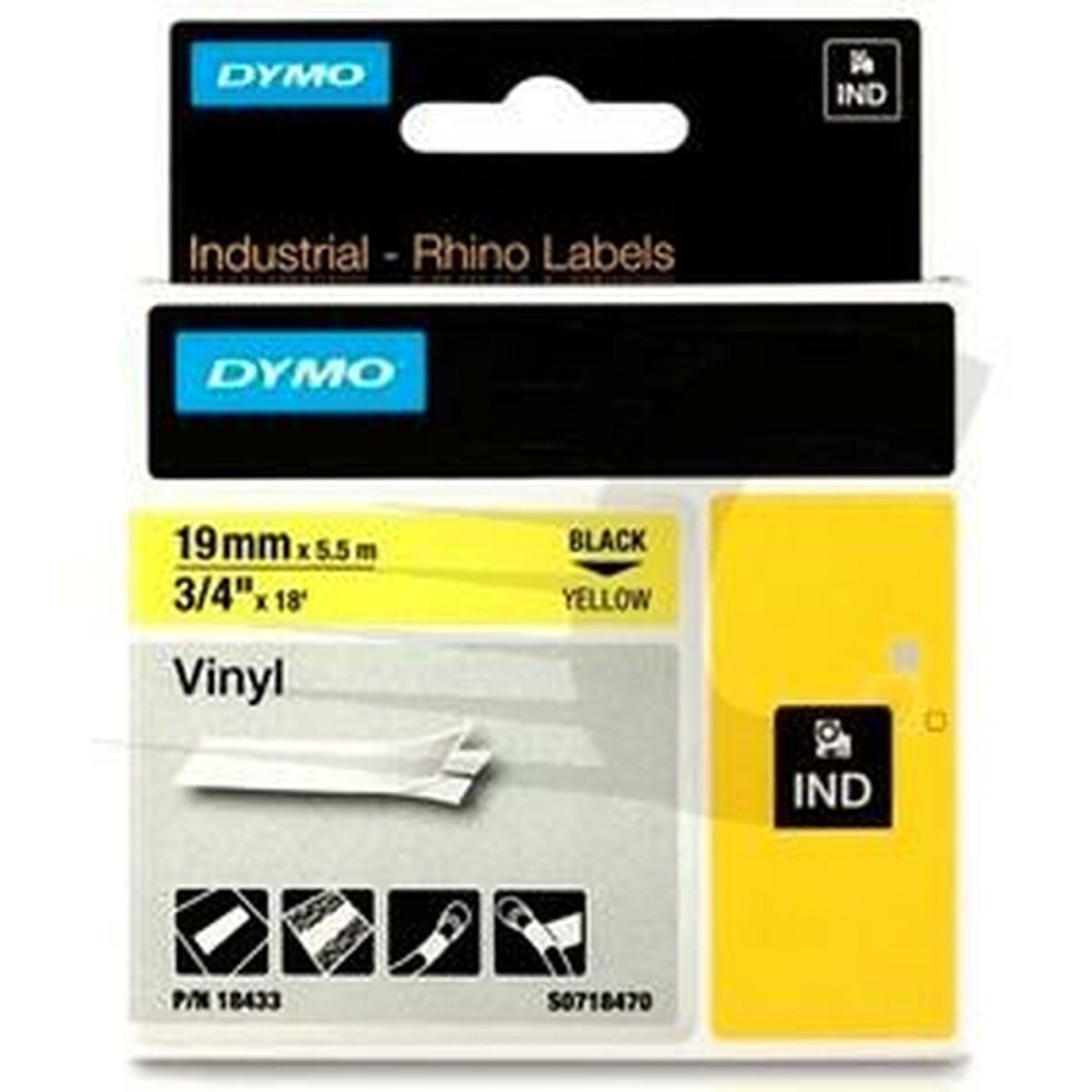 Ruban Laminé pour Etiqueteuses Rhino Dymo ID1-19 19 x 3,5 mm Noir Jaune Autocollants (5 Unités)