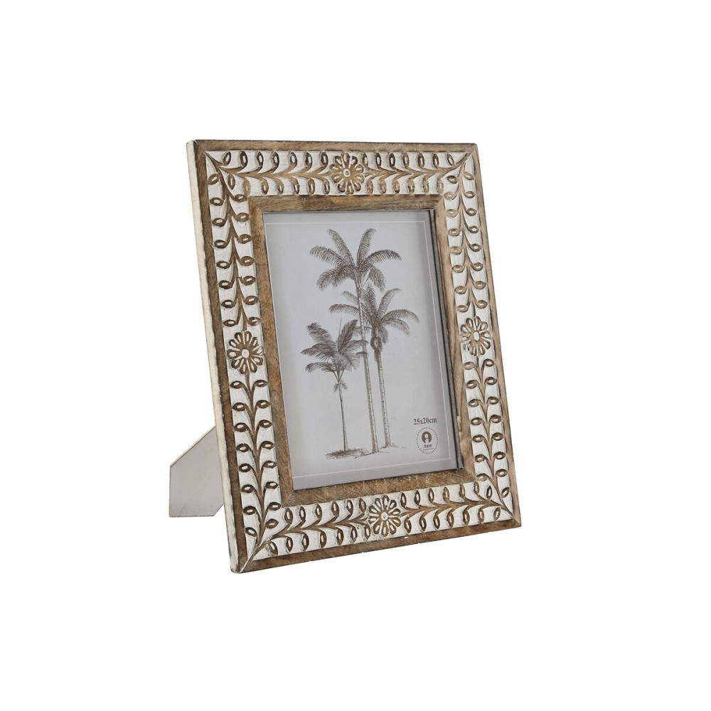 Cadre photo Home ESPRIT Blanc Naturel Verre Bois de manguier Fleur Indien 31,5 x 2 x 36,5 cm