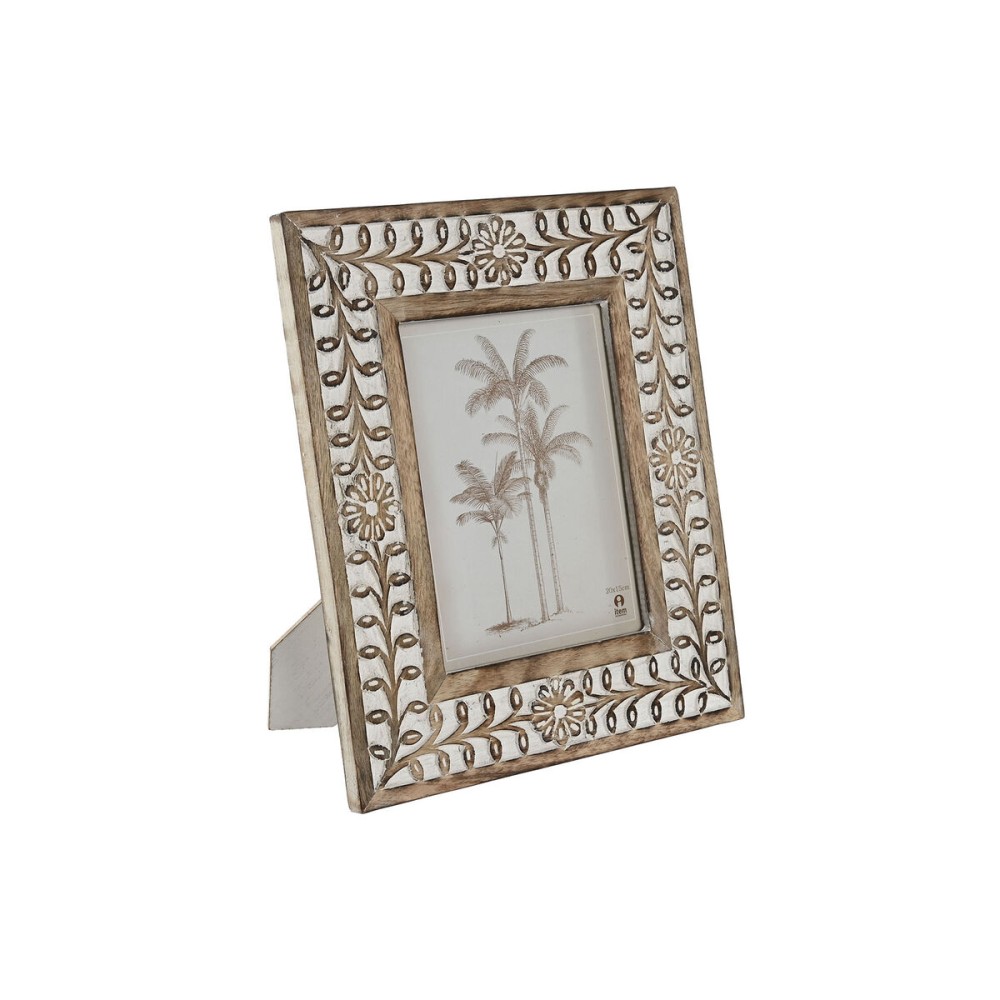 Cadre photo Home ESPRIT Blanc Naturel Verre Bois de manguier Fleur Indien 26,5 x 2 x 31,5 cm