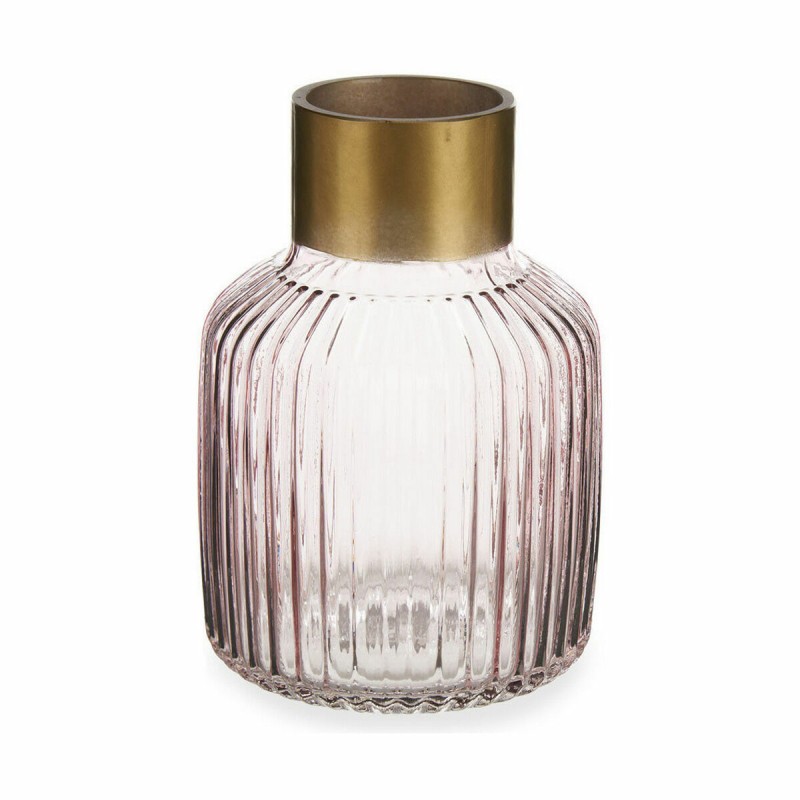 Vase Stripes Pink Golden Glass 14,5 x 22 x 14,5 cm (6 Units)