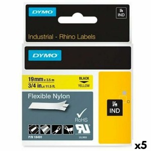 Ruban Laminé pour Etiqueteuses Rhino Dymo ID1-19 19 x 3,5 mm Noir Jaune Autocollants (5 Unités)