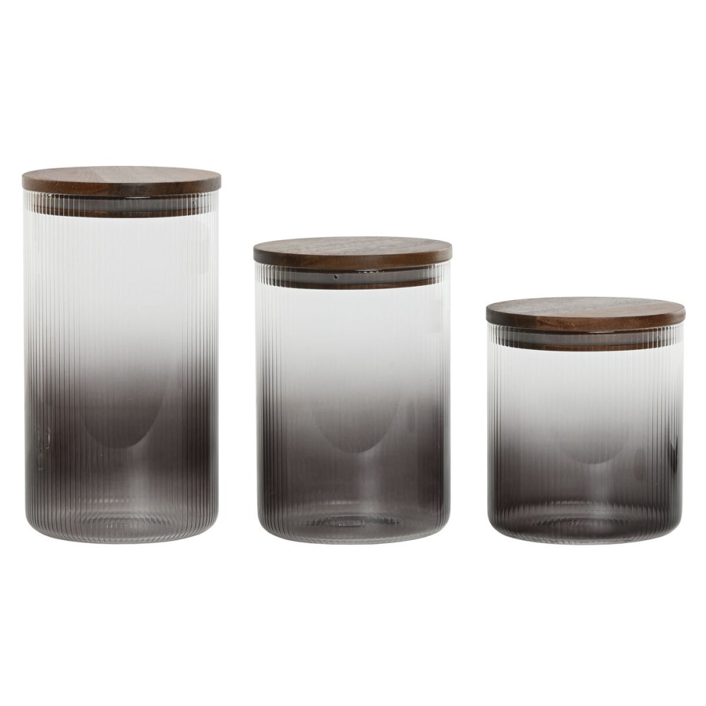 Set mit 3 Kanistern Home ESPRIT Grau natürlich Akazienholz Borosilikatglas 900 ml 1,5 L 1,2 L 3 Stücke