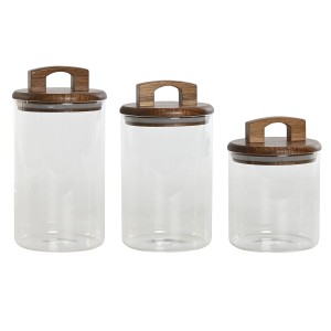 3 Tubs Home ESPRIT Brown Transparent Acacia Borosilicate Glass 650 ml 900 ml 1 L 3 Pieces