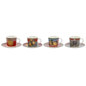 Set of Mugs with Saucers Home ESPRIT Yellow Red Porcelain 220 ml 15,6 x 15,6 x 1,7 cm (4 Units)