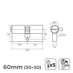 Cylindre de sécurité EDM 85167 R15 Doré Laiton Came longue 60 x 30 x 17 mm