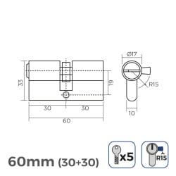 Security cylinder EDM R15 Long camlock Golden Brass 60 x 30 x 17 mm