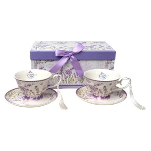 Lot de tasses avec soucoupes Romimex Blanc Mauve Céramique 220 ml 2 Unités