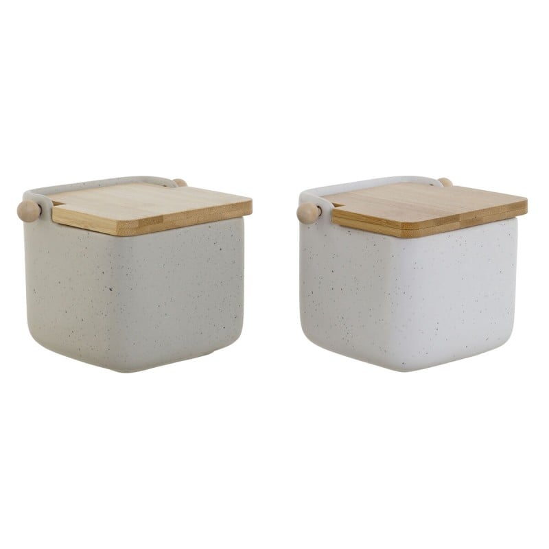 Salzstreuer mit Deckel Home ESPRIT Weiß Beige natürlich Bambus Dolomite 15 x 12 x 11 cm (2 Stück)