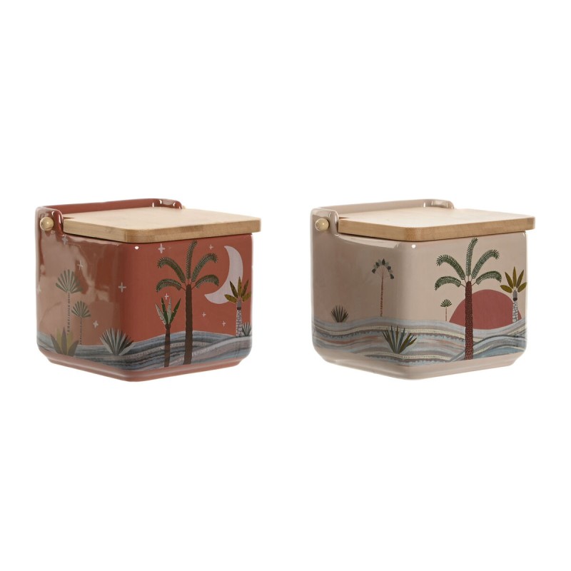 Salière avec couvercle Home ESPRIT Beige Rose Terre cuite Lila Bambou 750 ml 14 x 12,5 x 12 cm (2 Unités)