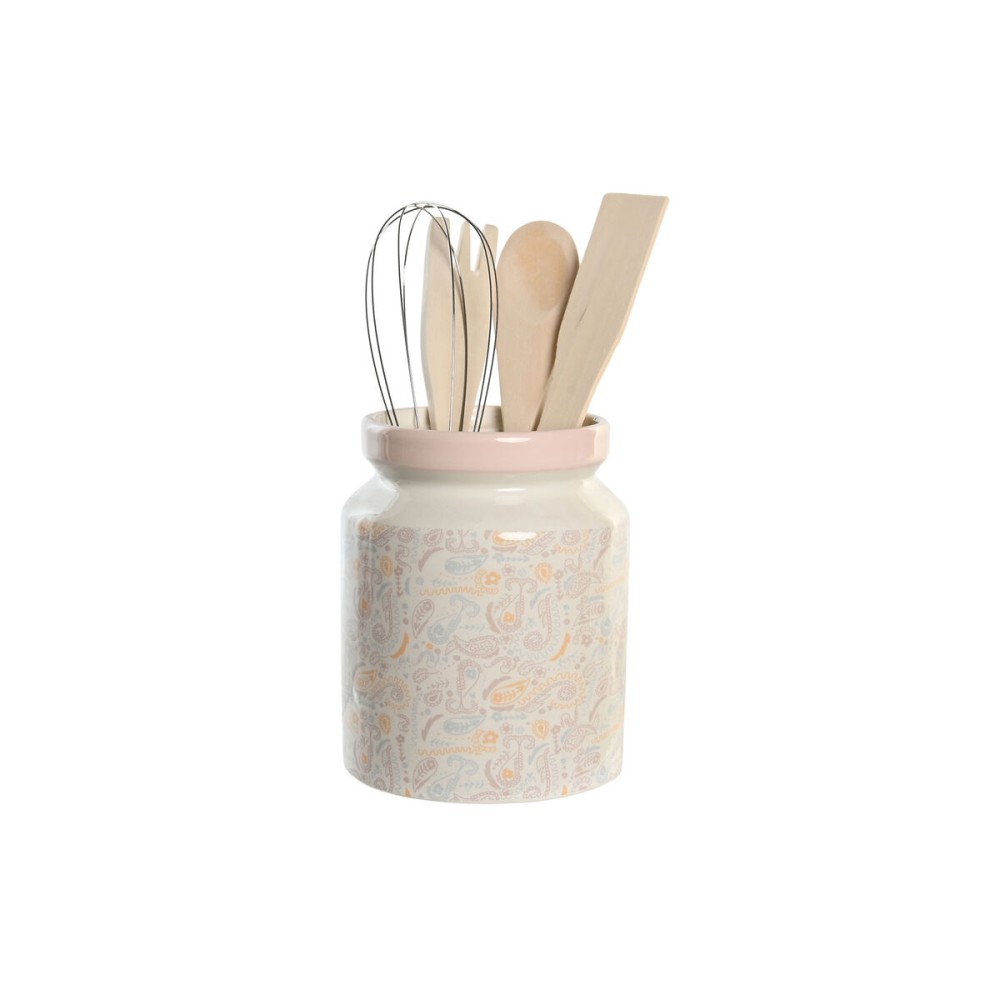 Pot pour ustensiles de cuisine DKD Home Decor Rose Métal Blanc Dolomite Bois MDF 12 x 12 x 25 cm (5 Unités)