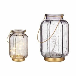 LED Lantern Stripes Grey Golden Glass 13,5 x 22 x 13,5 cm (6 Units)