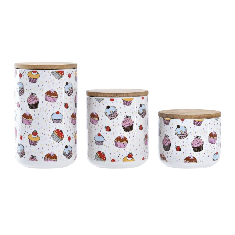 Set de 3 Boites DKD Home Decor Naturel Blanc Multicouleur Bambou Grès 10 x 10 x 17 cm Cupcake