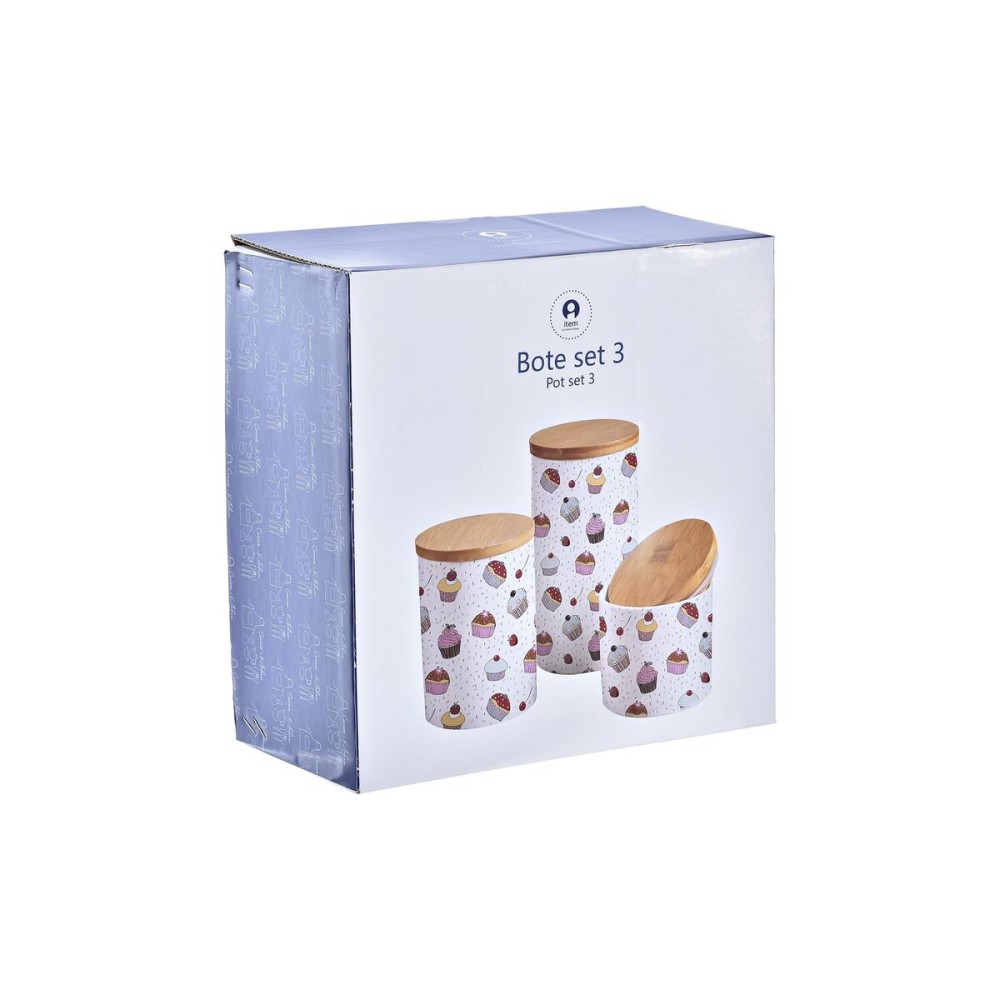 Set de 3 Boites DKD Home Decor Naturel Blanc Multicouleur Bambou Grès 10 x 10 x 17 cm Cupcake