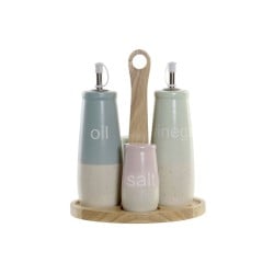 Condiment Set DKD Home Decor 19 x 16 x 22,5 cm Blue Pink Rubber wood Green Stoneware