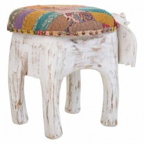 Hocker Alexandra House Living Weiß Mango-Holz Stoff 51 x 37 x 36 cm Elefant