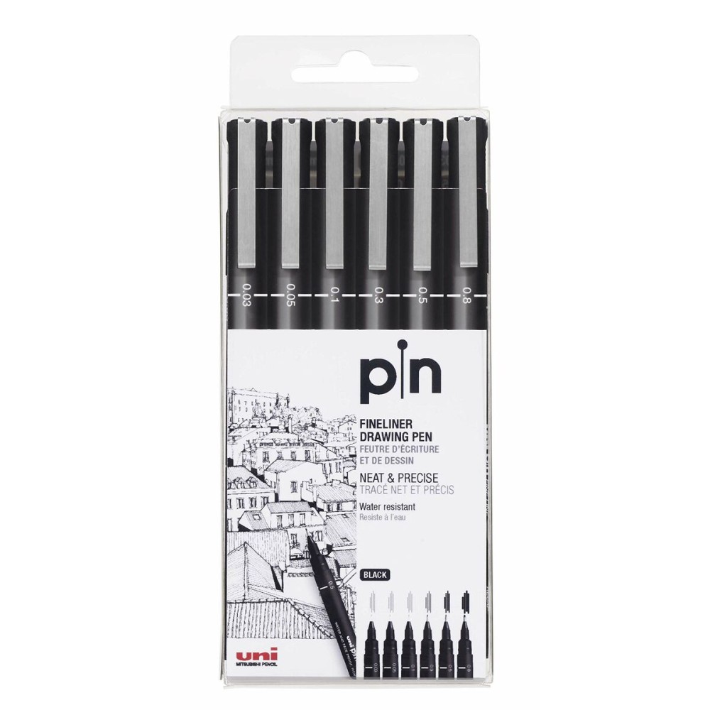 Set of Felt Tip Pens Uni-Ball PIN-200(S) Black Multicolour 6 Pieces