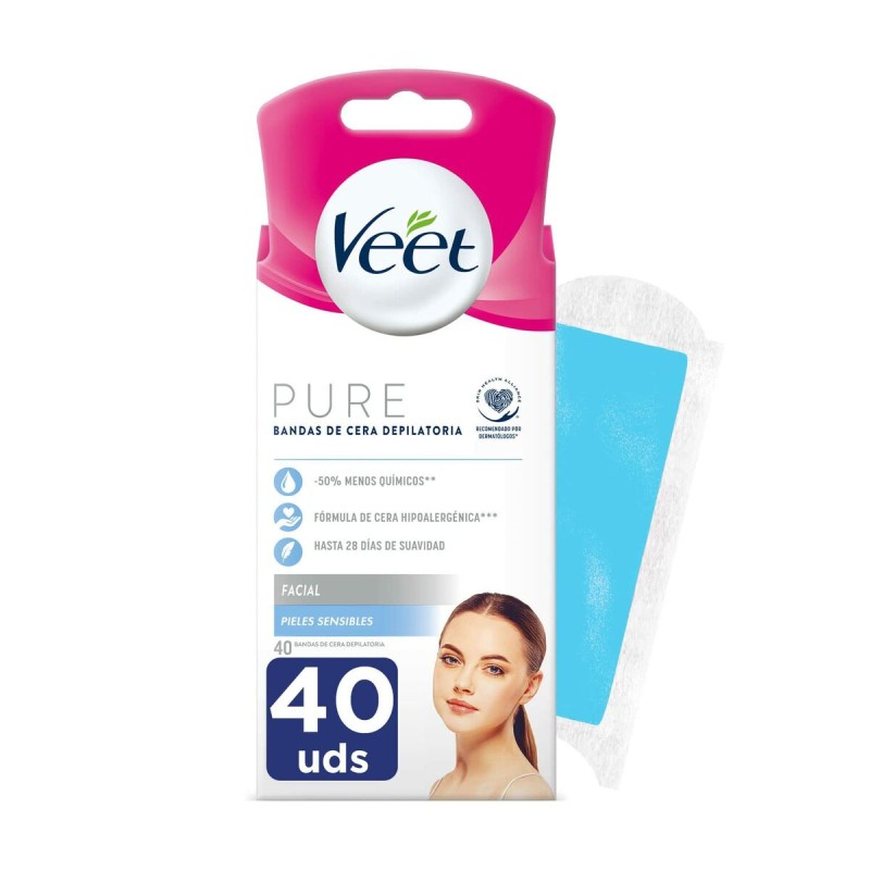 Facial Hair Removal Strips Veet Bandas De Cera Pure Sensitive skin (40 Units)