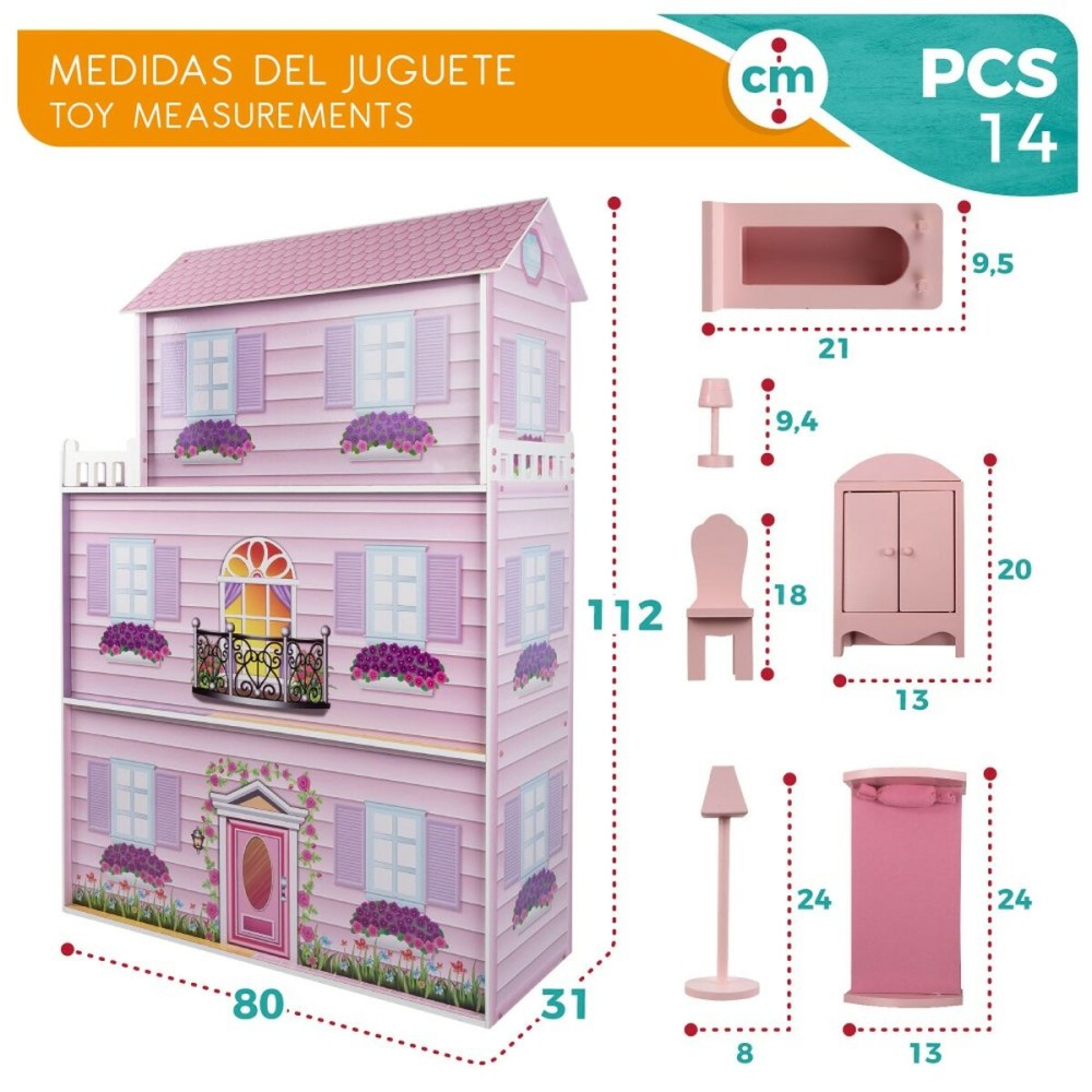 Maison de poupée Play & Learn 14 Pièces 80 x 112 x 31 cm