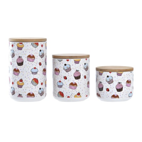 Set mit 3 Kanistern DKD Home Decor natürlich Weiß Bunt Bambus Steingut 10 x 10 x 17 cm Cupcake