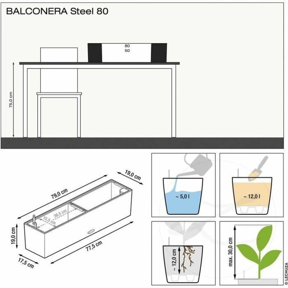 Self-watering flowerpot Lechuza Silver 79 x 19 x 19 cm Rectangular