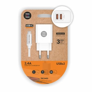 Wall Charger + USB-C Cable Tech One Tech TEC2403 White Double