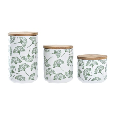 Set de 3 Boites DKD Home Decor Naturel Blanc Vert Bambou Grès Tropical 10 x 10 x 17 cm