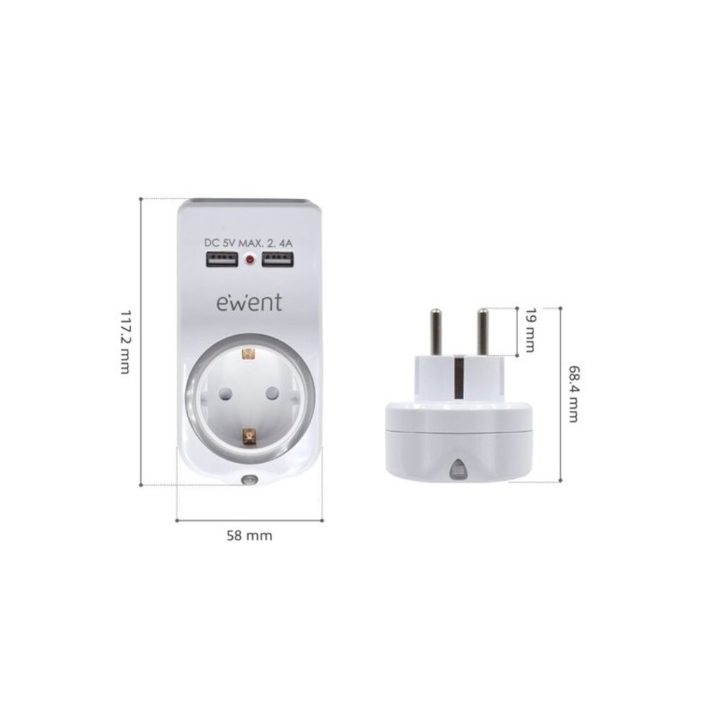 Wall Plug with 2 USB Ports Ewent EW1225 16A 3680 W