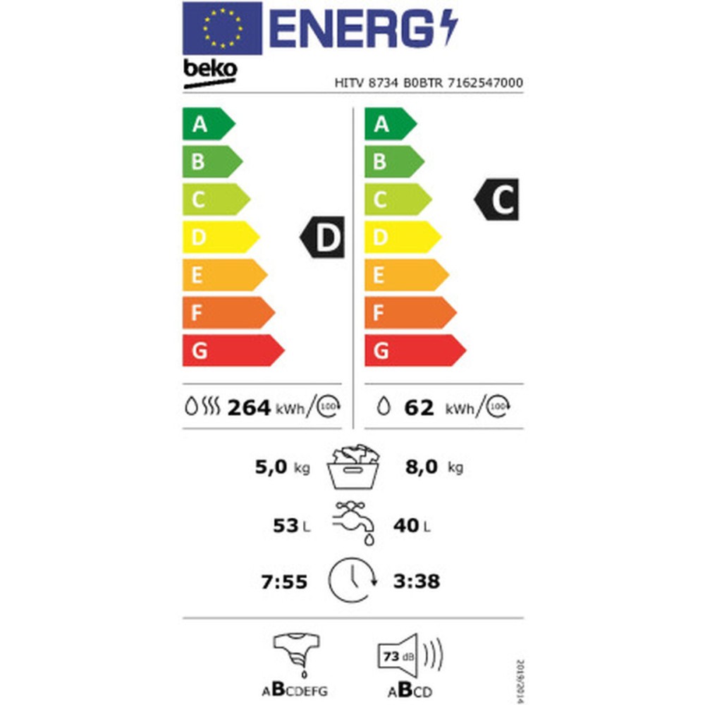 Laveuse - Sécheuse BEKO HITV8734B0BTR  8kg / 5kg Blanc 1400 rpm