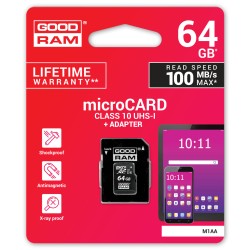 Micro SD Memory Card with Adaptor GoodRam M1AA-0640R12 64 GB UHS-I Class 10 100 Mb/s