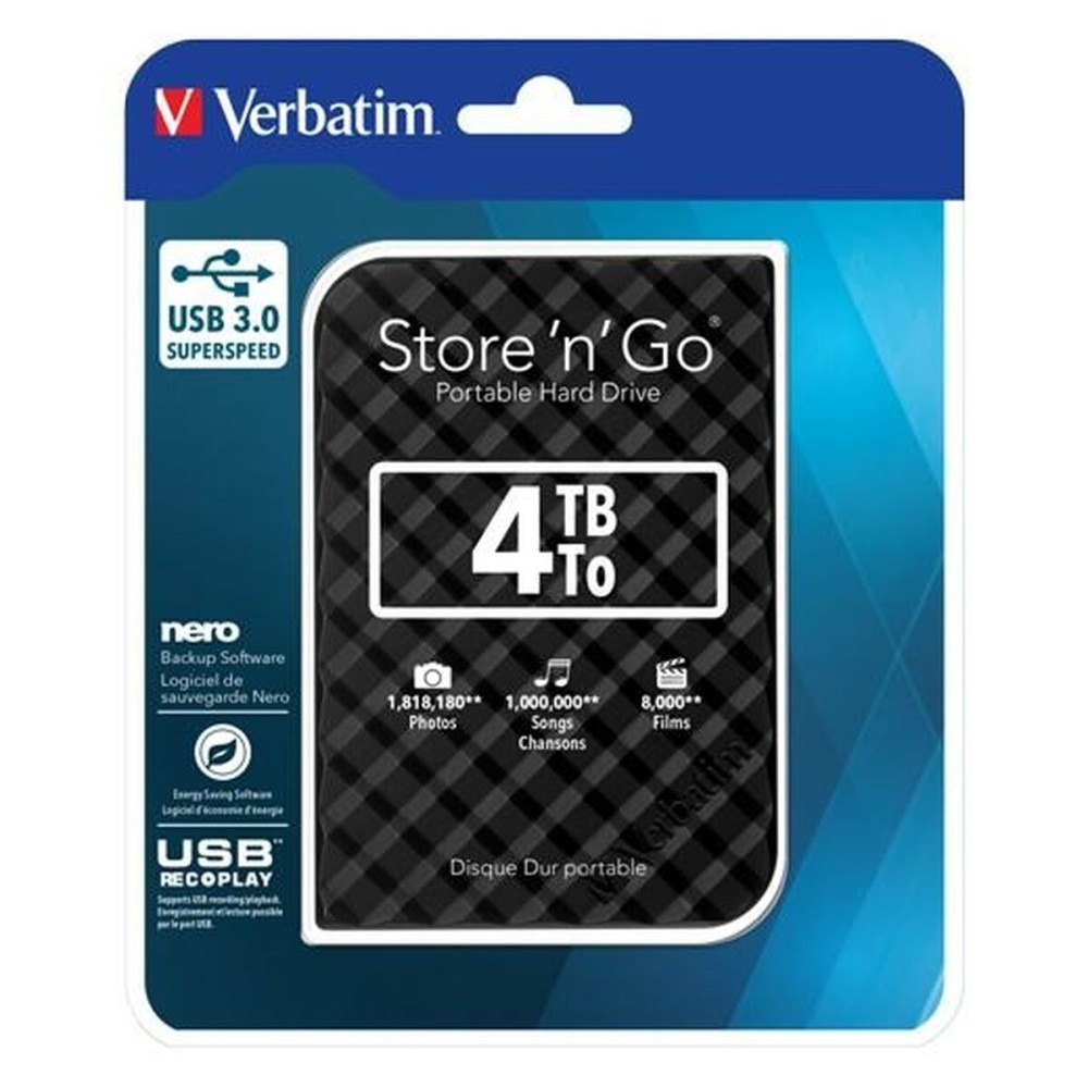 External Hard Drive Verbatim Disco Duro Portátil Store 'n' Go USB 3.0 de 4 TB en color Negro USB 3.0