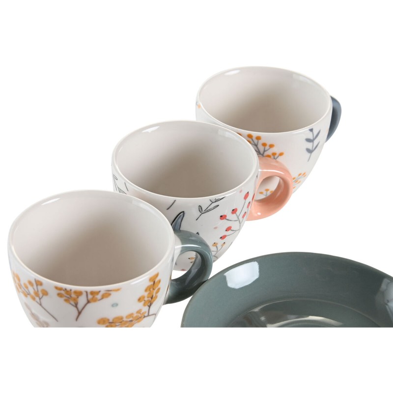 Lot de tasses avec soucoupes DKD Home Decor Bleu Gris Multicouleur Rose clair Porcelaine 90 ml 11 x 11 x 2 cm (3 Unités)