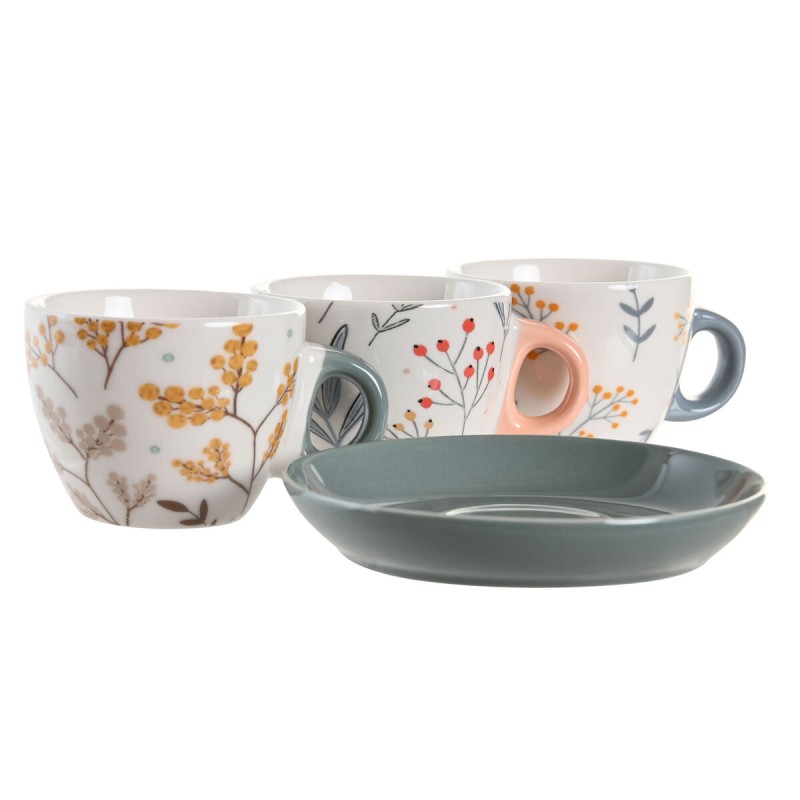 Lot de tasses avec soucoupes DKD Home Decor Bleu Gris Multicouleur Rose clair Porcelaine 90 ml 11 x 11 x 2 cm (3 Unités)