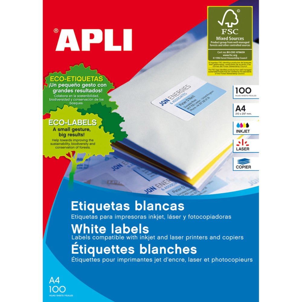 Étiquettes adhésives Apli 1279 100 Volets 105 X 74 mm Blanc