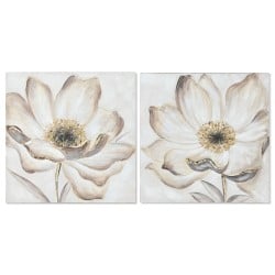 Painting Home ESPRIT Beige Golden Canvas MDF Wood Flower Romantic 60 x 3 x 60 cm (2 Units)