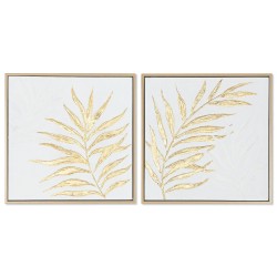 Painting Home ESPRIT White Golden Canvas MDF Wood Modern Leaf of a plant 42 x 4 x 42 cm (2 Units)