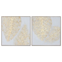 Painting Home ESPRIT White Golden Canvas MDF Wood Modern Leaf of a plant 82 x 4,5 x 82 cm (2 Units)