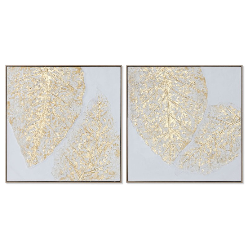 Cadre Home ESPRIT Blanc Doré Toile Bois MDF Moderne Feuille d'une plante 82 x 4,5 x 82 cm (2 Unités)