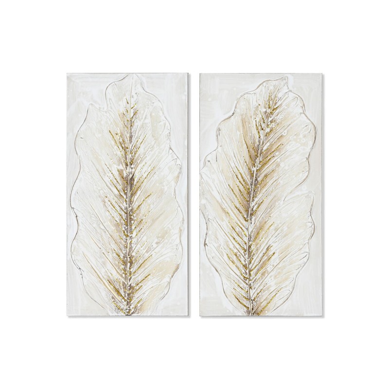 Painting Home ESPRIT White Golden Canvas MDF Wood Leaf of a plant Romantic 30 x 2,5 x 60 cm (2 Units)