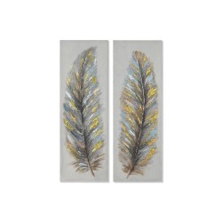 Painting Home ESPRIT Blue Golden Canvas MDF Wood Feathers Traditional 30 x 3 x 90 cm (2 Units)