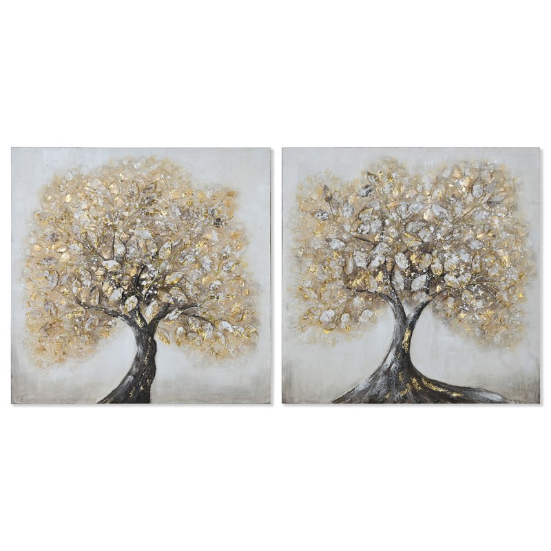 Painting Home ESPRIT Golden Canvas MDF Wood Tree Traditional 80 x 3 x 80 cm (2 Units)