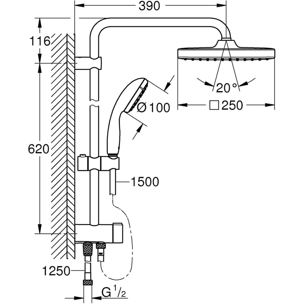 Colonne de douche Grohe Vitalio Start 250 Cube 1 Position 25 cm