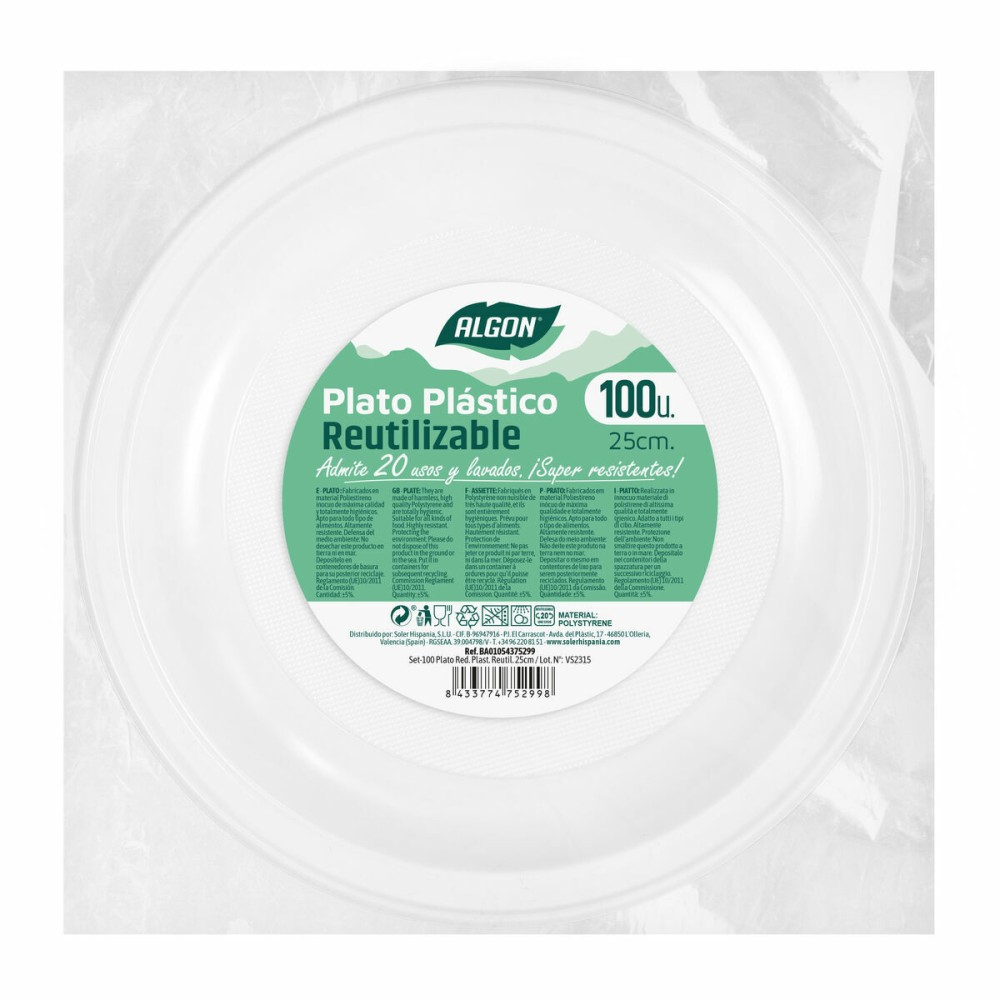 Set of reusable plates Algon Circular White Plastic 25 x 25 x 2,5 cm (6 Units)